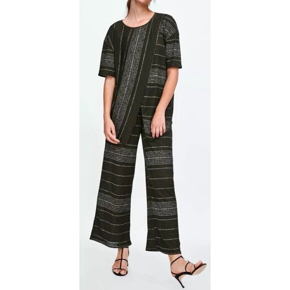 ZARA Olive Green Striped Stretch Knit Top + Pants 2 PC Suit Set - Portugal - Picture 1 of 14